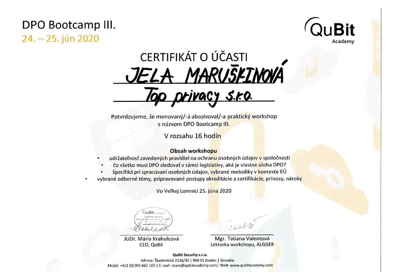 2020 DPO Bootcamp III. QuBit Academy certificate Jela Maruškinová